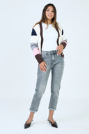 Jean mom gris délavé à coupe droite et taille haute